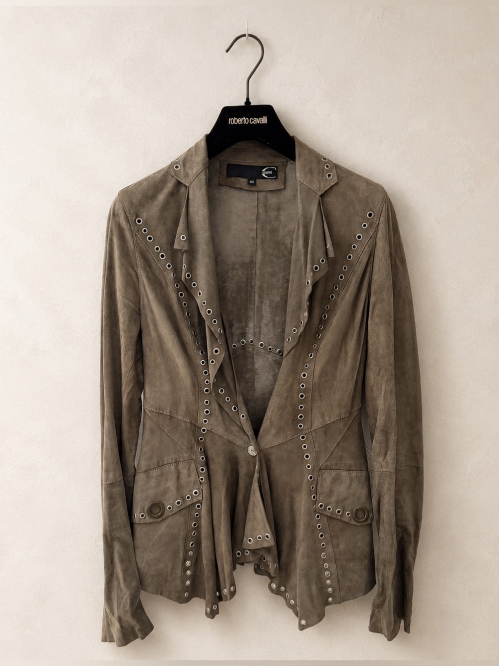 Roberto Cavalli Olive Suede Eyelet-Trim Jacket